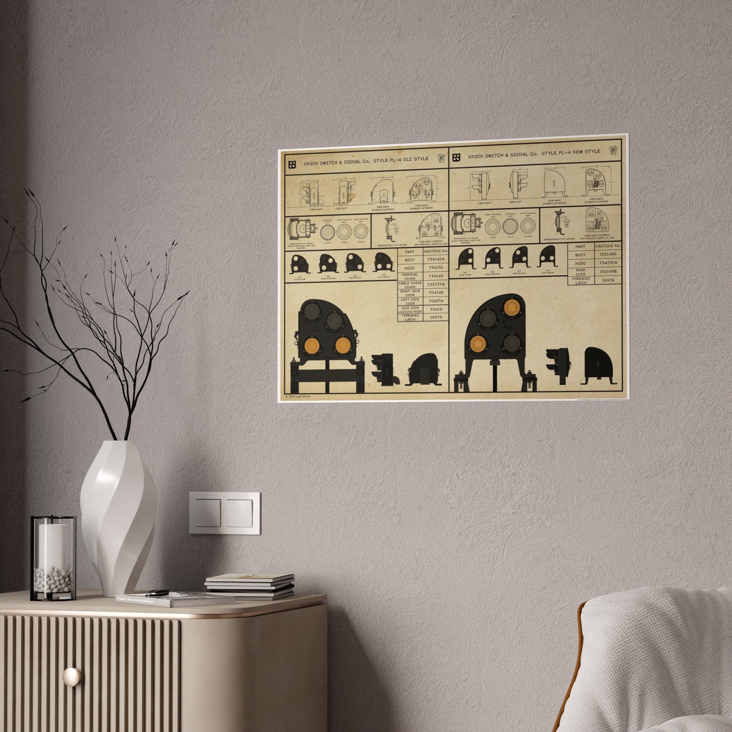 US&S PL-4 Position Light Dwarf - Old Style and New Style Technical Drawing Gloss Posters