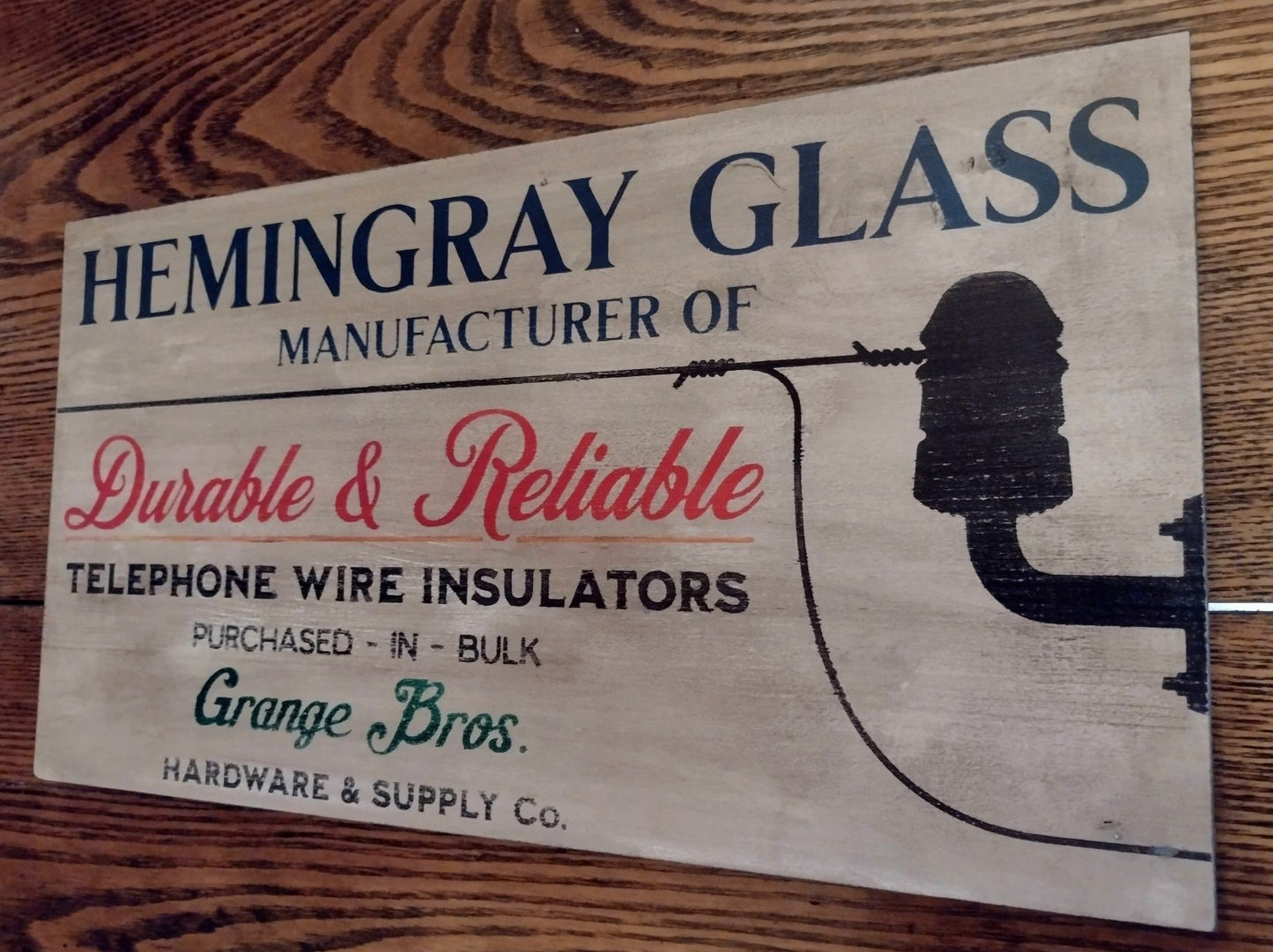 Hemingray Glass Insulator Advertising Sign Hand painted Replica on Hardwood.