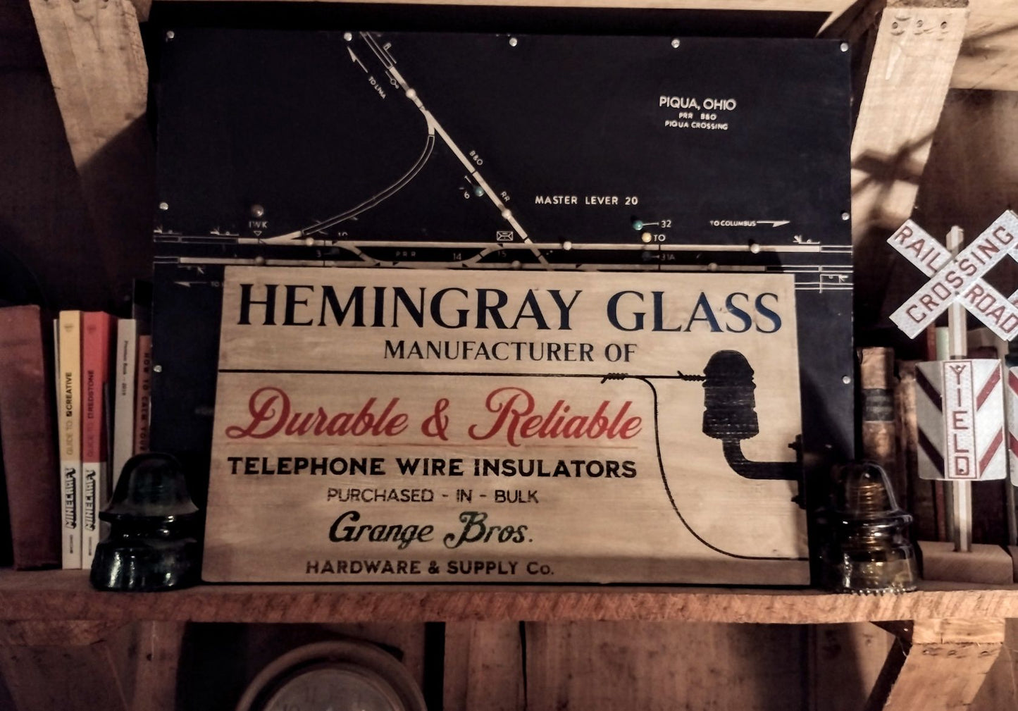 Hemingray Glass Insulator Advertising Sign Hand painted Replica on Hardwood.