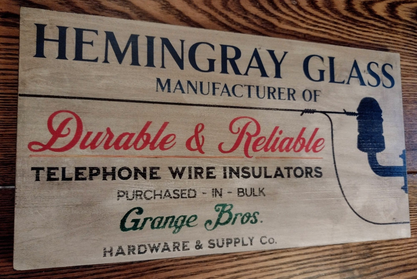 Hemingray Glass Insulator Advertising Sign Hand painted Replica on Hardwood.