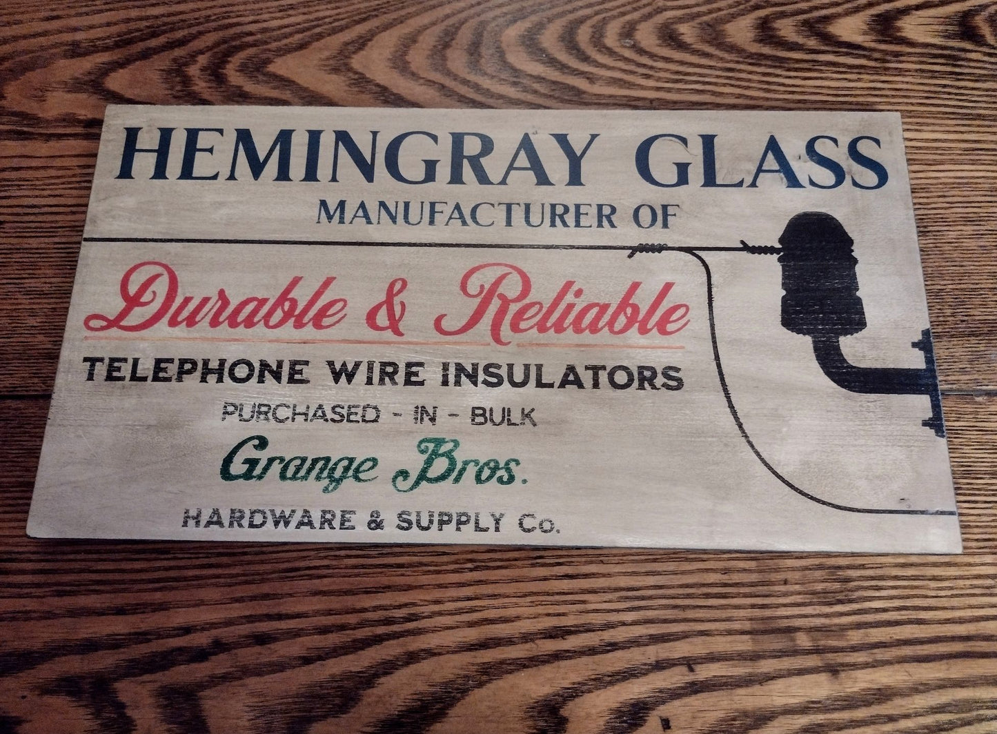 Hemingray Glass Insulator Advertising Sign Hand painted Replica on Hardwood.
