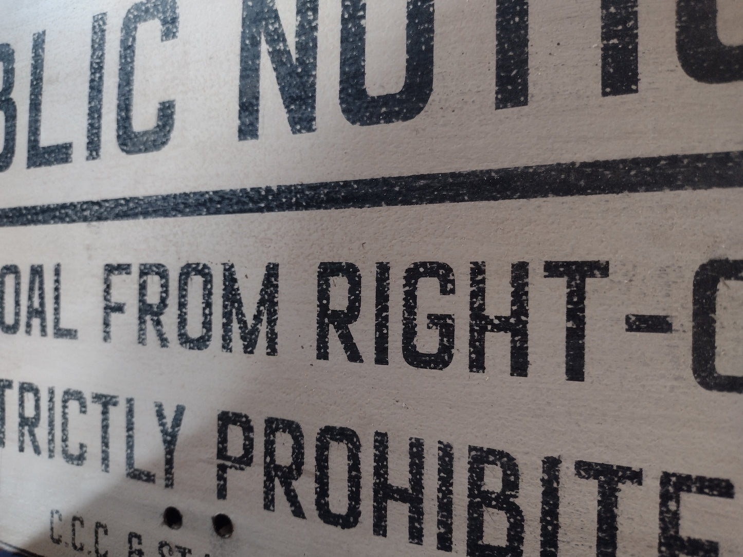 Railroad sign: Public Notice, Picking Coal From Right-of-Way is Strictly Prohibited. Hand painted replica sign on Hardwood.