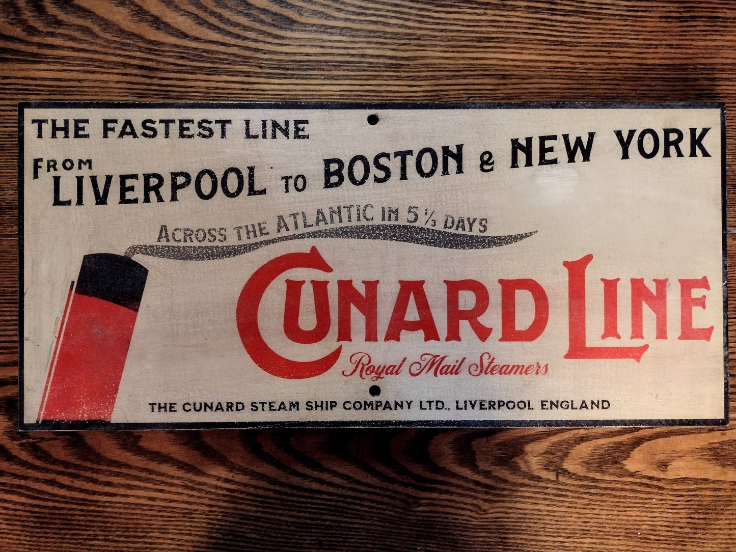 Cunard Line Advertising Sign Hand painted Replica on Hardwood.