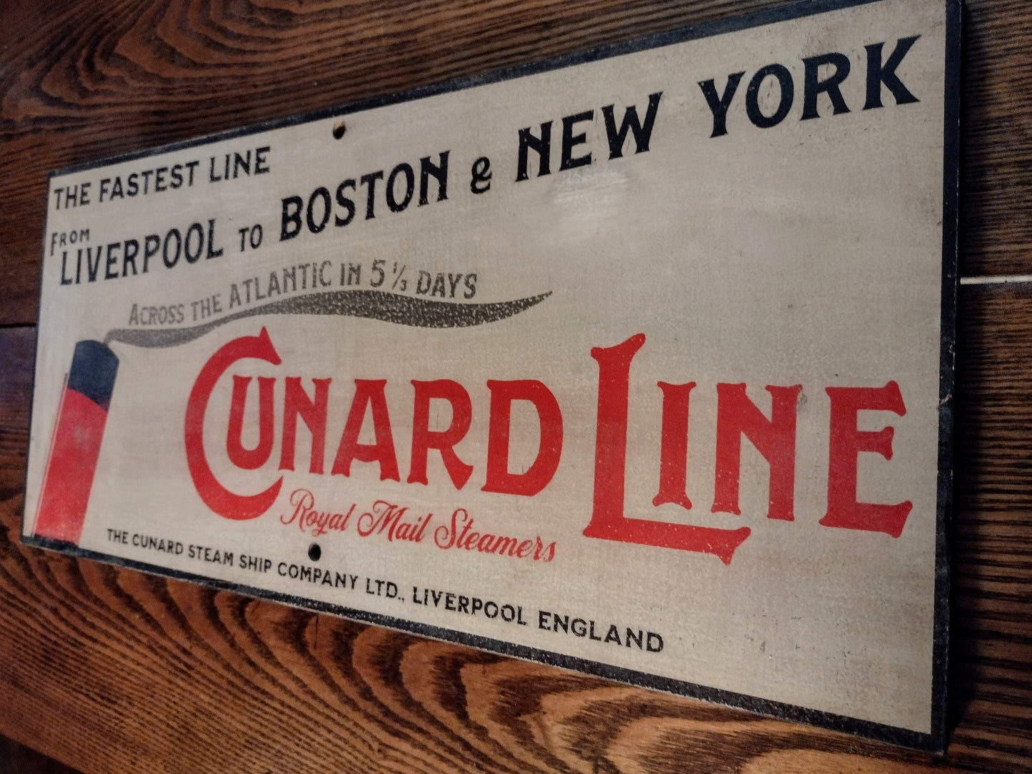 Cunard Line Advertising Sign Hand painted Replica on Hardwood.