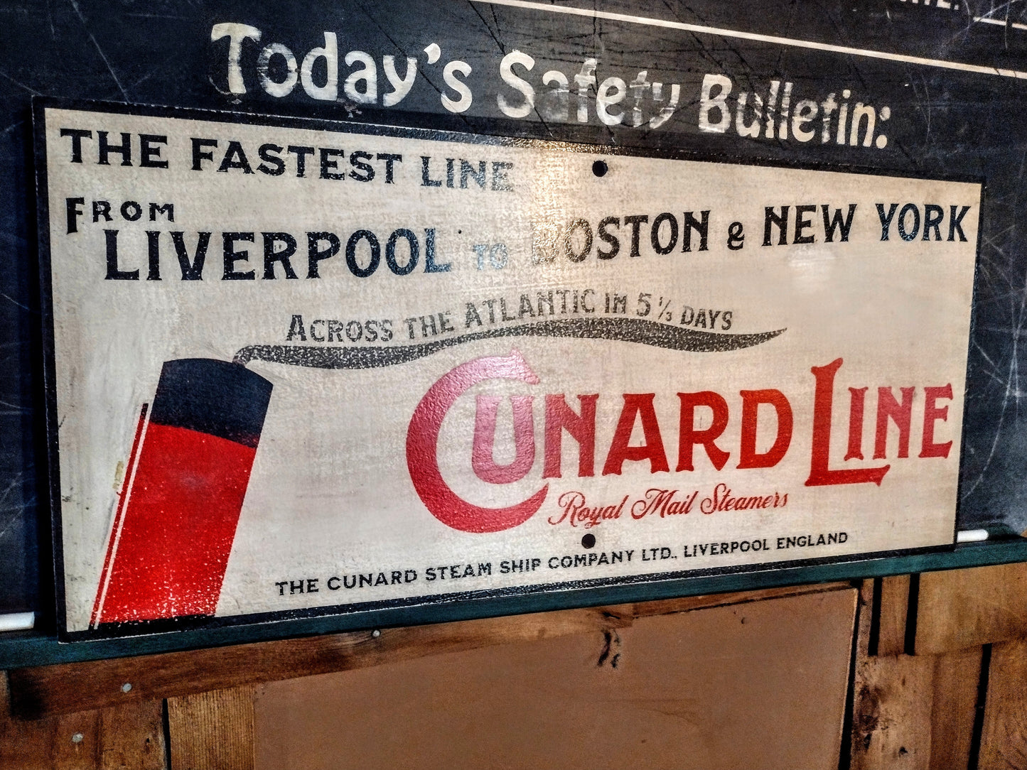 Cunard Line Advertising Sign Hand painted Replica on Hardwood.