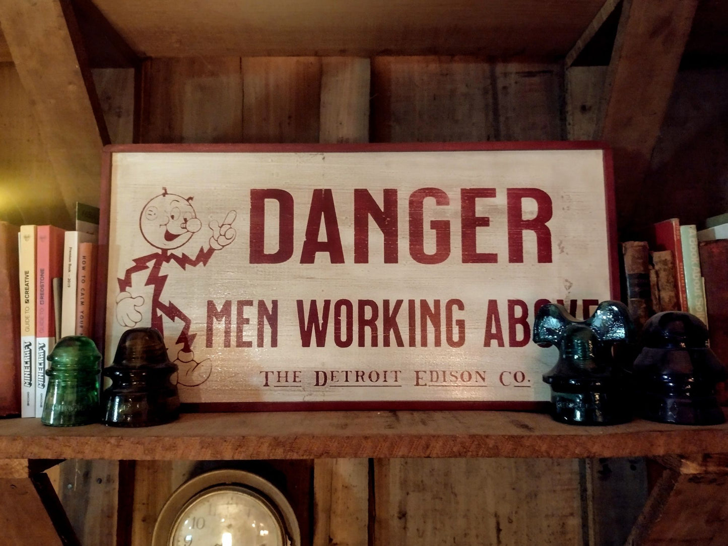 Reddy Kilowatt "DANGER Men Working Above" Linemen work site sign. Hand Painted Replica on Wood. FREE SHIPPING!