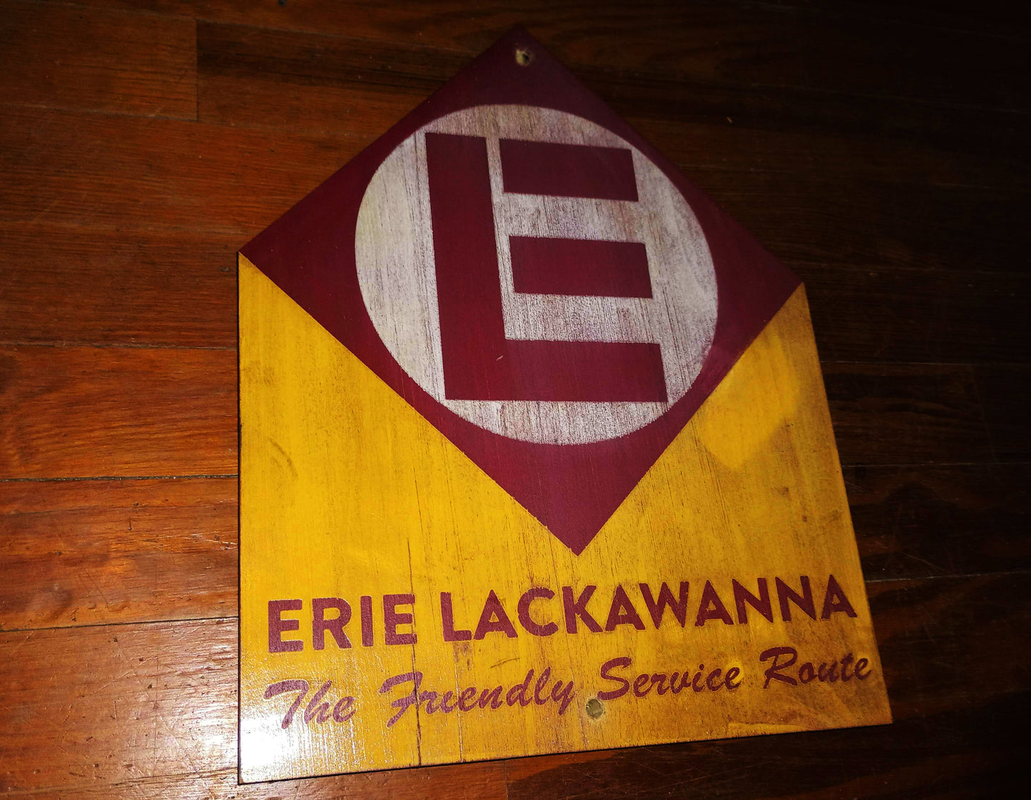 Erie Lackawanna "The Friendly Service Route" Advertising wood sign. Distressed.