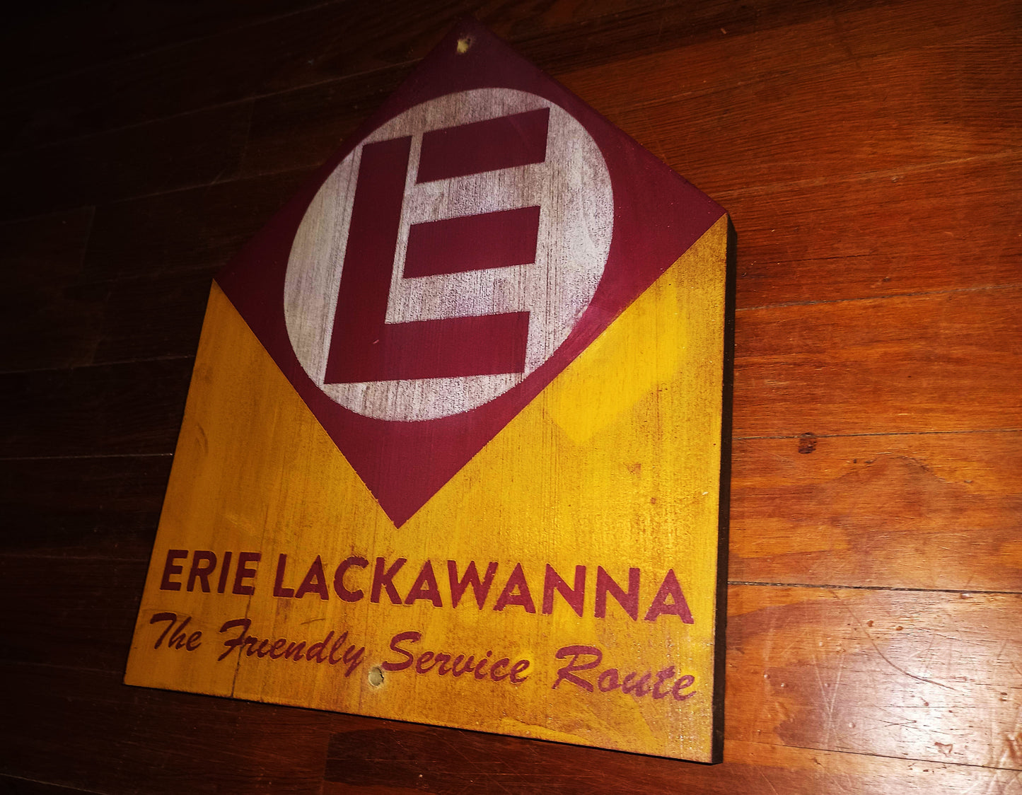Erie Lackawanna "The Friendly Service Route" Advertising wood sign. Distressed.