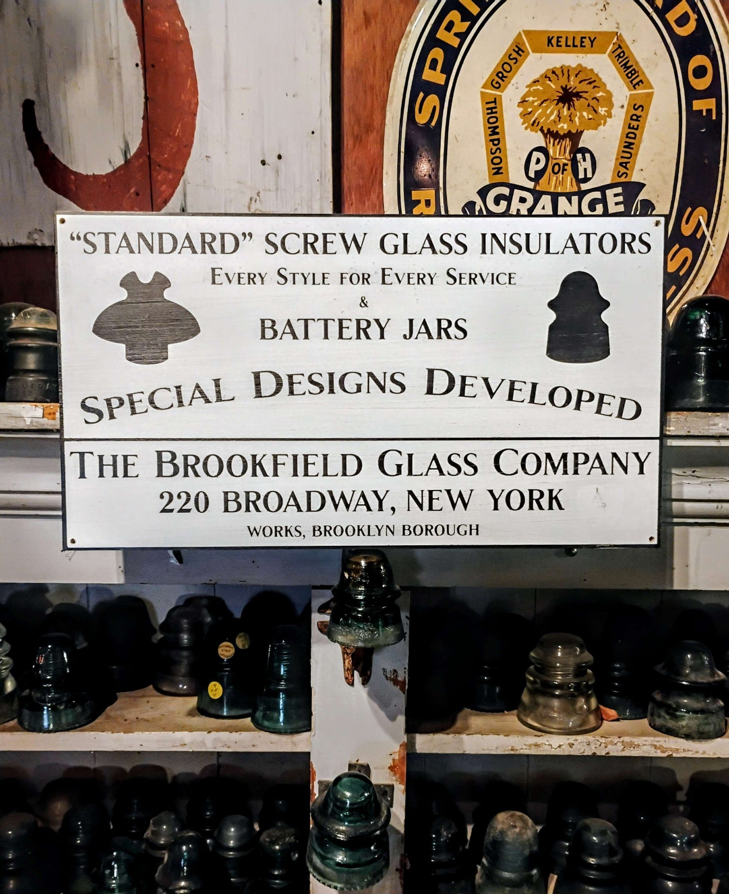 Brookfield Glass Company Glass Insulators Advertising Sign. Hand Painted Replica on Hardwood.