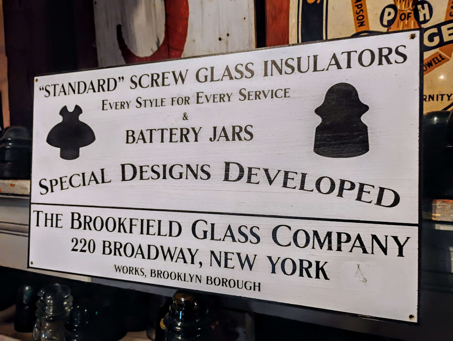 Brookfield Glass Company Glass Insulators Advertising Sign. Hand Painted Replica on Hardwood.