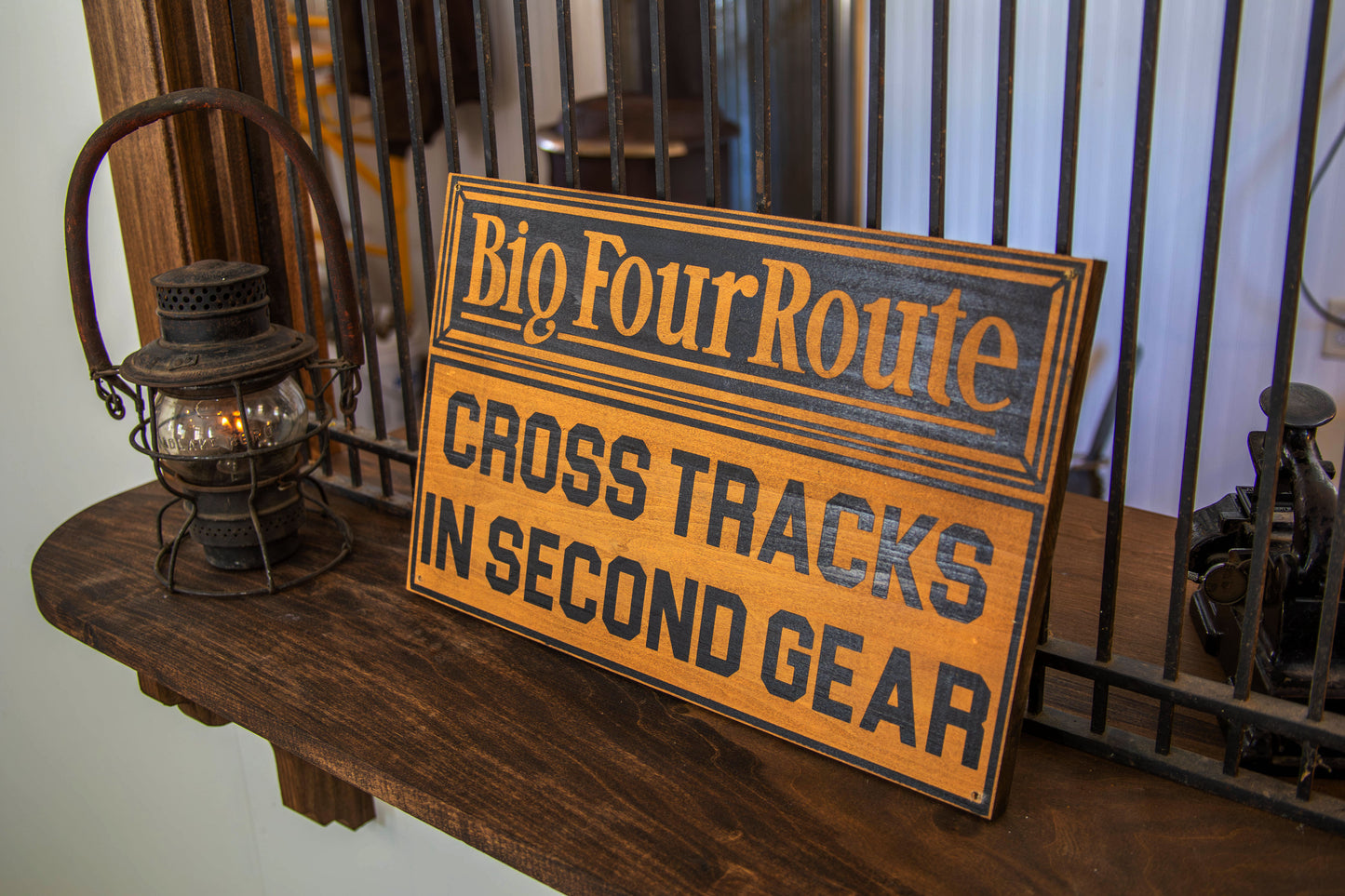 Big Four Route: Cross Tracks in Second Gear Sign Hand painted on Hardwood.
