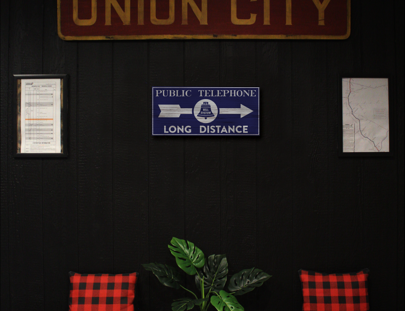 Public Telephone, Long Distance. Bell System Sign. Hand Painted Replica on Hardwood.
