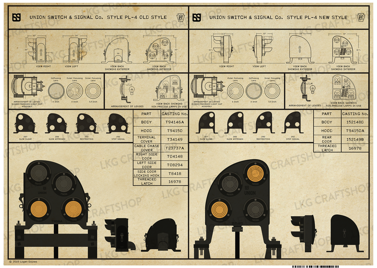 US&S PL-4 Position Light Dwarf - Old Style and New Style Technical Drawing Gloss Posters