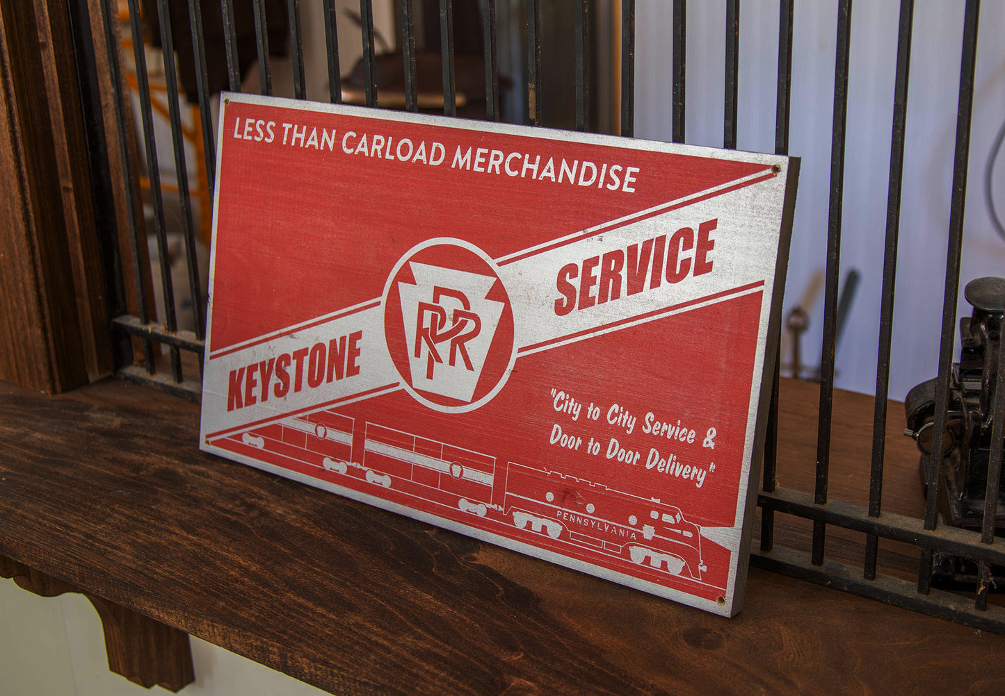 Pennsylvania Railroad "Keystone Service" L.C.L. Merchandise Advertising Sign Hand painted on Hardwood.