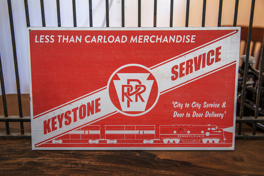 Pennsylvania Railroad "Keystone Service" L.C.L. Merchandise Advertising Sign Hand painted on Hardwood.