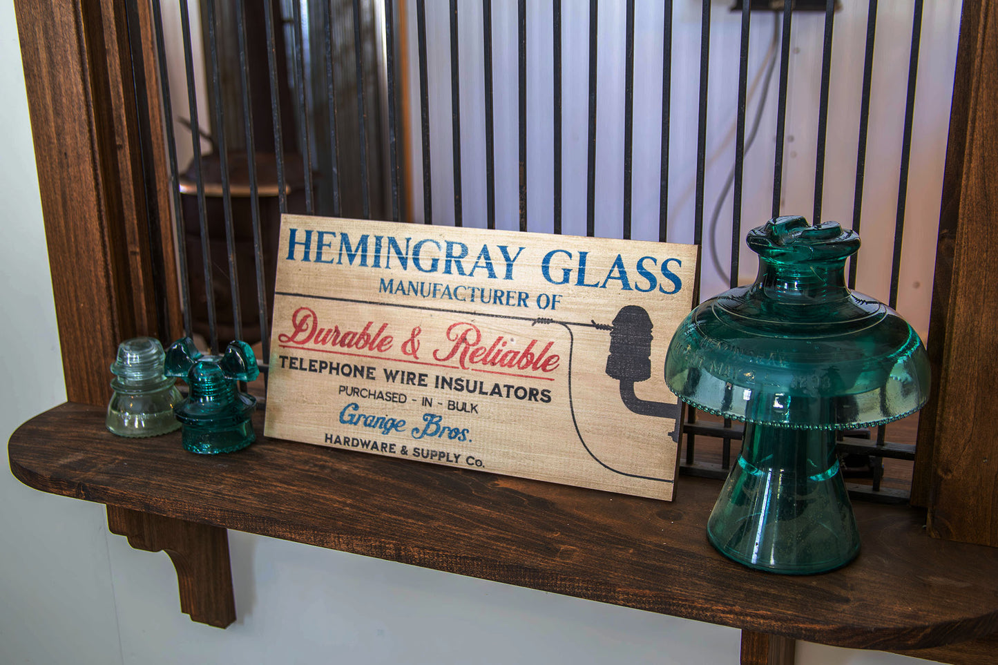 Hemingray Glass Insulator Advertising Sign Hand painted Replica on Hardwood.