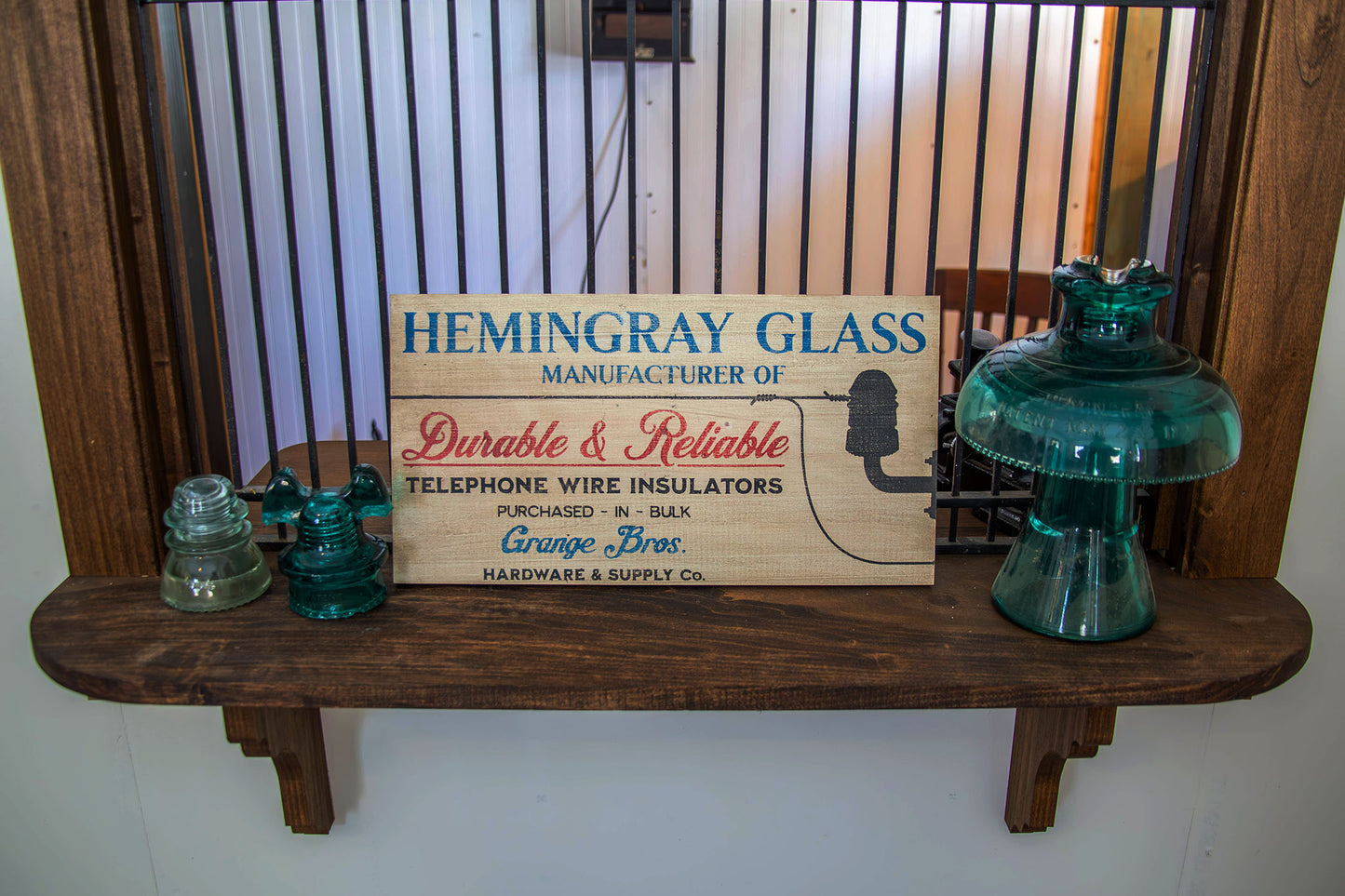 Hemingray Glass Insulator Advertising Sign Hand painted Replica on Hardwood.