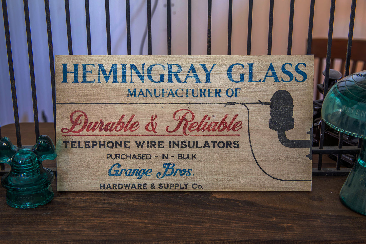 Hemingray Glass Insulator Advertising Sign Hand painted Replica on Hardwood.