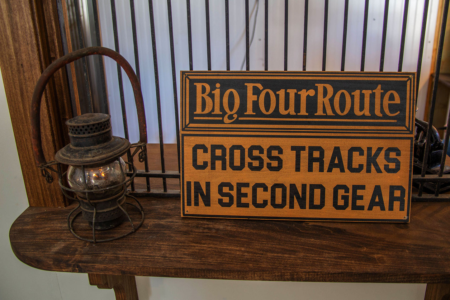 Big Four Route: Cross Tracks in Second Gear Sign Hand painted on Hardwood.